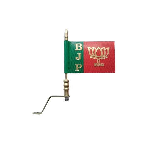 BJP Radium Car Flag Heavy Golden Brass Rod & Bracket (Combo Pack)