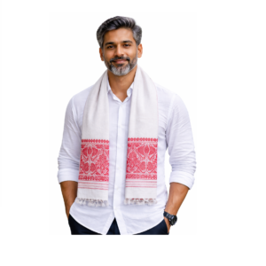 Embroidery Boader Assami White Gamcha